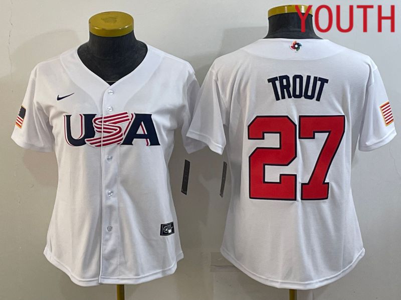 Youth 2023 World Cub USA #27 Trout White MLB Jersey6